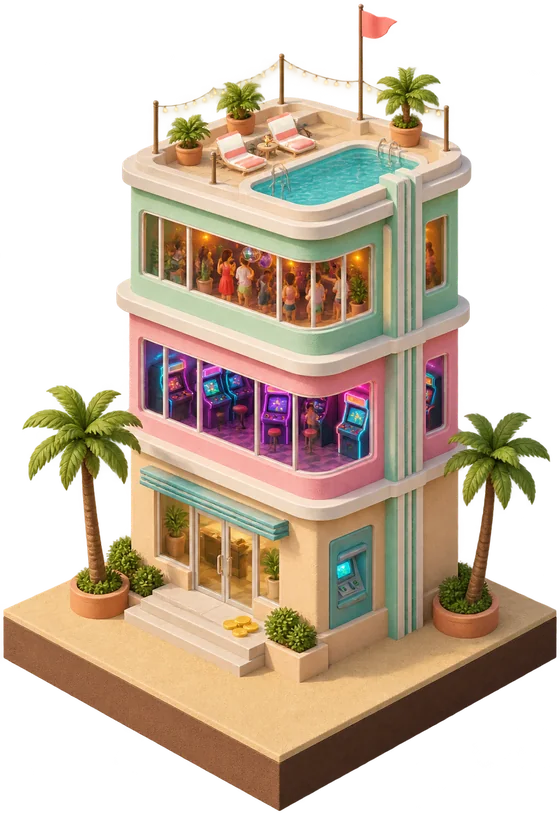 A three-storey building: a bank branch with an ATM at the bottom, an arcade on the second floor, a friends’ club with a rooftop pool on the third